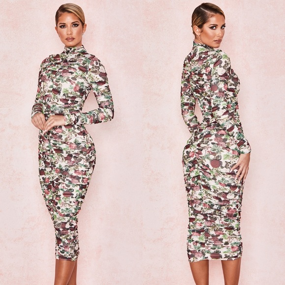 HOUSE OF CB 'Roseanne' Vintage Floral Ruched Midi Dress - Picture 3 of 5